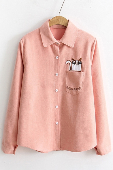 Fashion Letter Cartoon Embroidered Long Sleeve Lapel Button Down Shirt