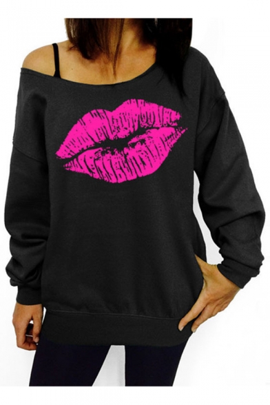 Fashionable Lip Print Long Sleeve One Shoulder Pullover Sweatshirt