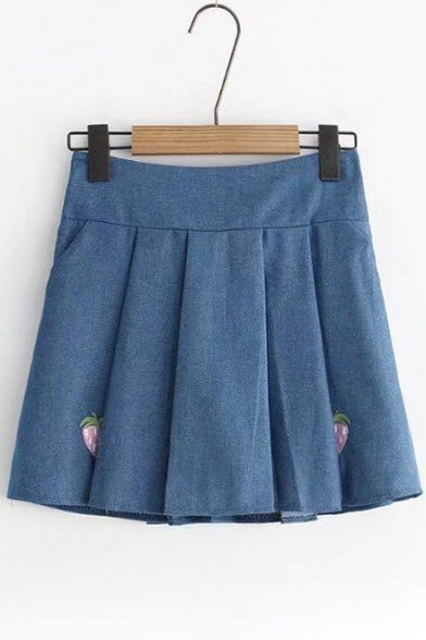 High Waist Strawberry Embroidered Pleated Mini Denim Skirt