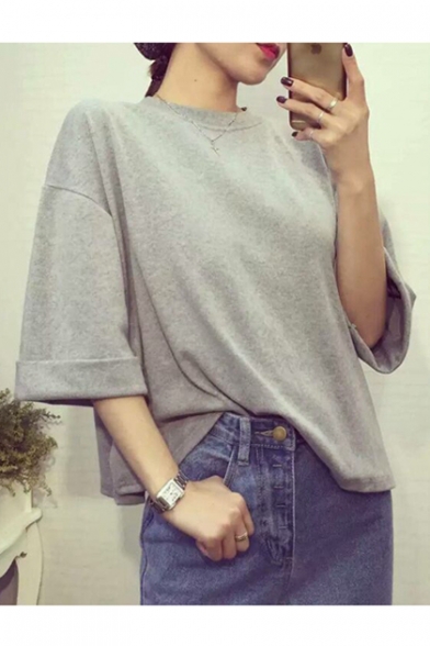 Hot Fashion Crew Neck Wide Sleeves Turn-up Cuffs Loose Spring Tee