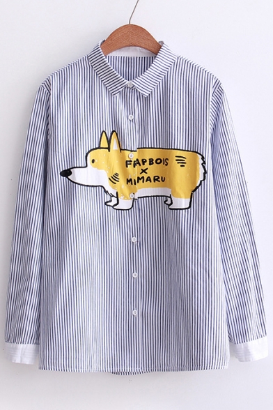 Lovely Dog Corgi Letter Printed Striped Point Collar Long Sleeves Button Down Shirt