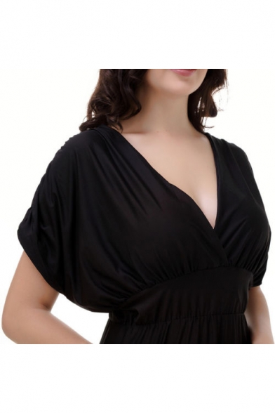 New Stylish Plunge Neck Elastic Waist Plain Maxi Short Sleeve Dress