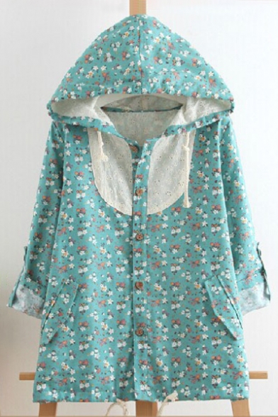 Peasant Style Floral Pattern Lace Panel Hooded Button Down Turn-up Sleeves Coat with Flap Pockets