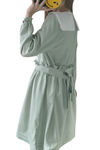 Retro Fashion Round Neck Long Sleeves Ruffle Waist Belted Midi A-line Dress