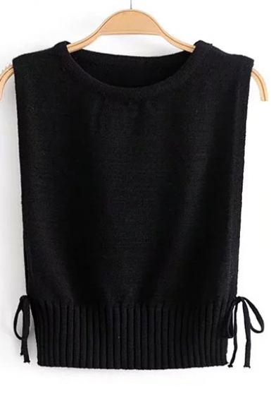 Sexy Bow Tie Open Side Round Neck Ribbed Hem Cropped Knitted Vest
