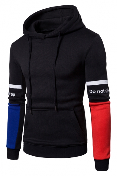 Simple Color Block Letter Printed Long Sleeves Pullover Men's Hoodie with Pocket