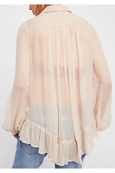 Spring Collection V-Neck Button Down Ruffle Hem Pleated Loose Blouse