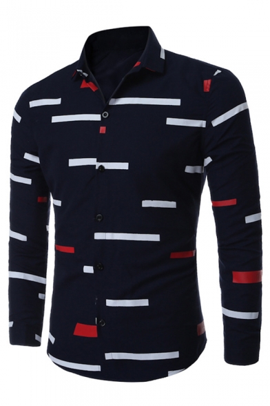 Spring Fashion Stripes Pattern Point Collar Long Sleeves Button Down Shirt