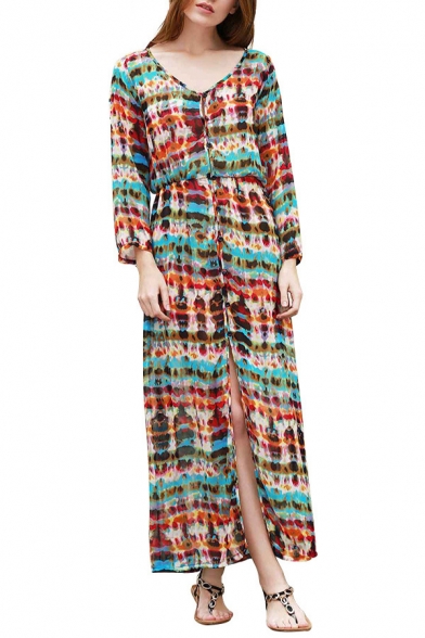 Tie Dye V Neck Long Sleeve Split Front Elastic Waist Maxi Dress