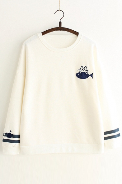 Cartoon Cat Fish Embroidered Striped Round Neck Long Sleeve Pullover Sweatshirt