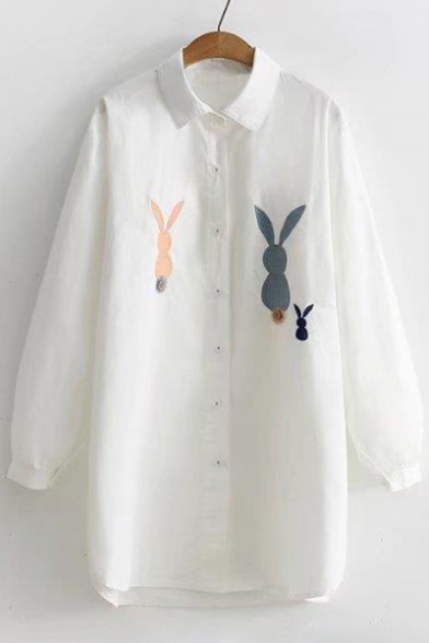 Cartoon Rabbit Embroidered Lapel Long Sleeve Button Down Tunic Shirt