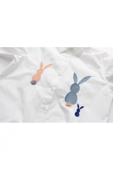 Cartoon Rabbit Embroidered Lapel Long Sleeve Button Down Tunic Shirt