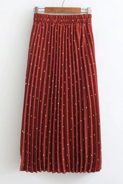 Casual Polka Dot Pattern Elastic Waist Pleated Midi Trendy Skirt