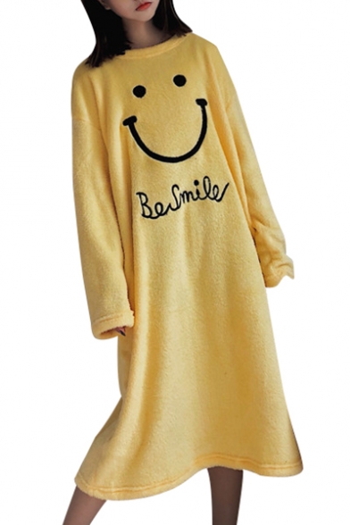Casual Smiley Face Letter Pattern Round Neck Loose Shift Midi Pajama Dress