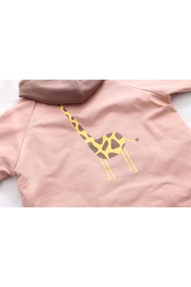 Chic Cartoon Giraffe Color Block Print Zipper Hooded Long Sleeve Coat