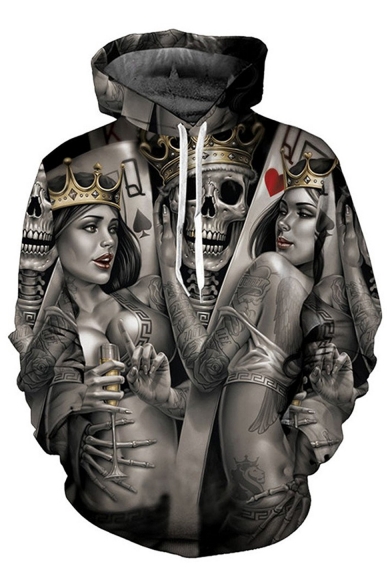 Chic Skull Skeleton Women Party Crown Poker Pattern Pullover Hoodie with Pocket
