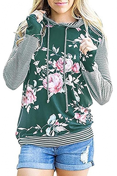 Chic Striped Floral Print Long Sleeve Casual Hoodie