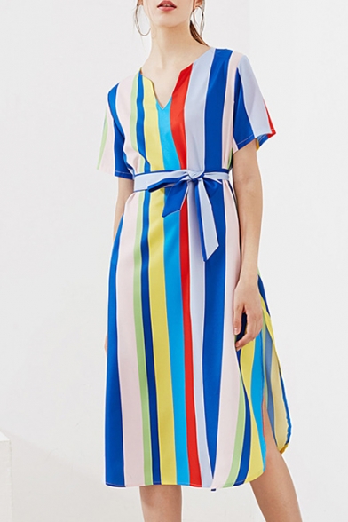 Colorful Striped Print V-Neck Short Sleeve Tie Waist Split Side Dress