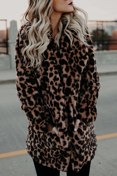 Cool Leopard Pattern Open Front Notched Lapel Faux Fur Coat