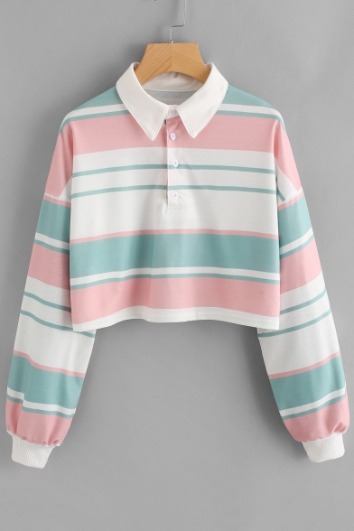 Cute Stripe Pattern Lapel Long Sleeves Cropped Spring Autumn Tee Top with Buttons