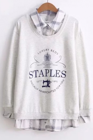 Fake Two-Piece Plaid Letter Print Long Sleeve Pullover Sweatshirt