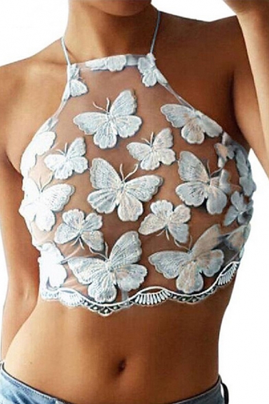 Hot Fashion Sexy Sheer Butterfly Pattern Halter Cropped Tee