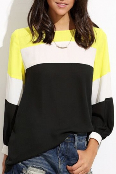 New Collection Color Block Print Round Neck Long Sleeve Chiffon Blouse