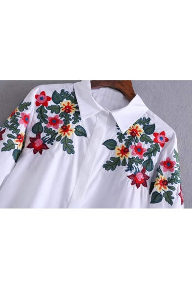 Popular Floral Embroidered Point Collar Long Sleeves Button Down Tunic Shirt