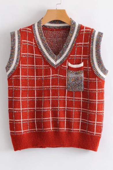 Popular Tartan Plaids V-Neck Chest Pocket Striped Trimmed Warm Knitted Vest