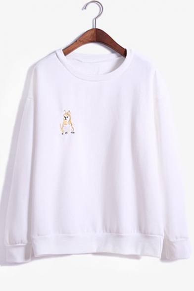 Simple Husky Dog Pattern Round Neck Long Sleeves Pullover Leisure Sweatshirt