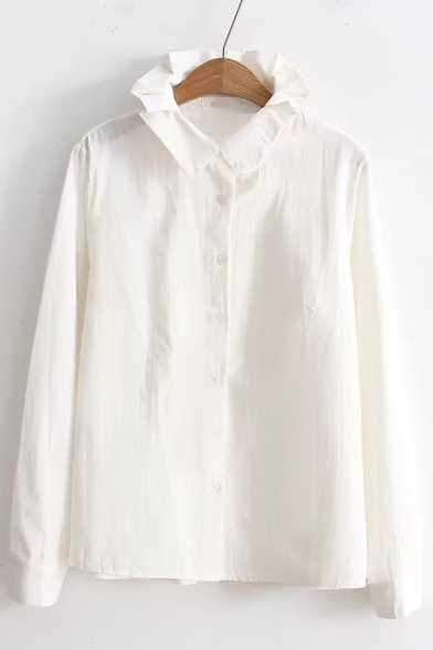 Simple Plain Pleated Collar Long Sleeve Button Down Shirt