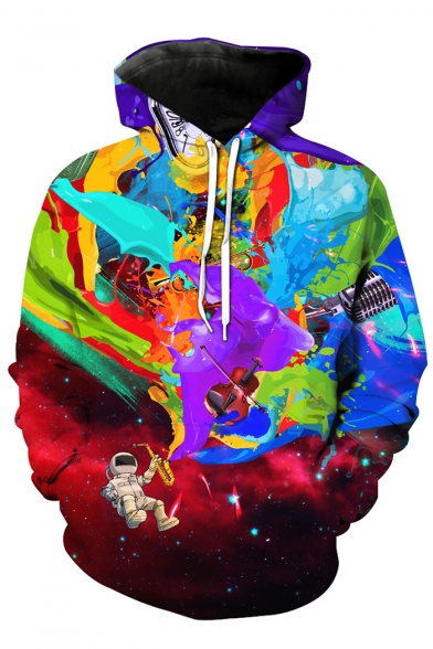 Stylish Astronaut Ink Splash Color Block Galaxy Printed Pullover Hoodie with Pocket
