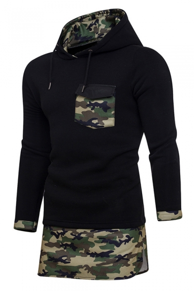 Stylish Camouflaged Color Block Layered Chest Pocket Pullover Tunic Hoodie