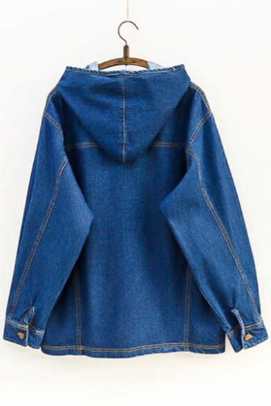Stylish Cartoon Bear Print Long Sleeve Zipper Hooded Denim Jacket