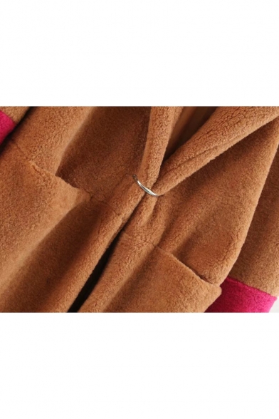 Stylish Color Block Notched Lapel Faux Fur Single Button Longline Coat with Pockets