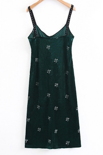 Summer Collection Floral Embroidery Lace Patchwork Beaded Velvet Midi Cami Dress