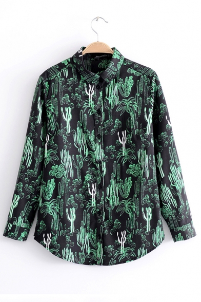 Trendy Cactus Allover Pattern Point Collar Long Sleeves Button Down Shirt