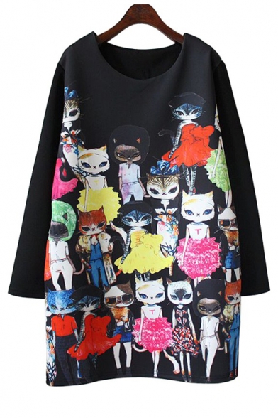 Trendy Cartoon Cat Print Scoop Neck Long Sleeve Dress