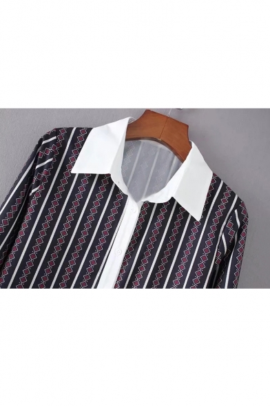 Chic Geometric Striped Pattern Point Collar Long Sleeves Button Down Shirt