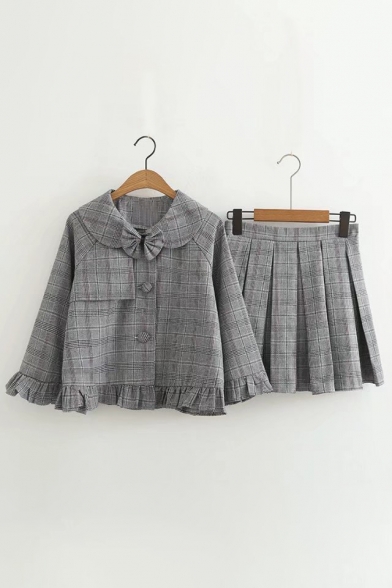 Classic Plaid Print Bow Front Ruffle Coat Pleated Skirt Co-ords