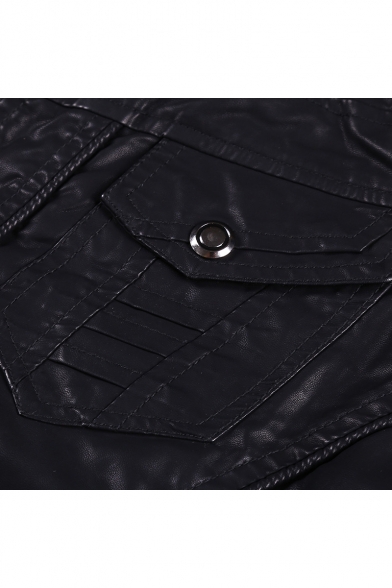 Cool Plain Faux Leather Long Sleeve Hooded Zipper Jacket