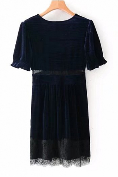 Elegant V-Neck Lace Panel Patchwork Short Sleeves Shift Mini Velvet Dress