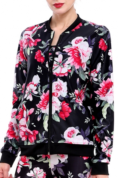 Fancy Floral Printed Long Sleeves Zippered Jacket with Pockets