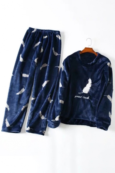 Fashionable Feather Letter Pattern Round Neck Long Sleeve Top Pajamas Co-ords