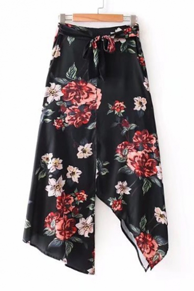 Fashionable Floral Print Tie Front Zip Fly Asymmetric Hem Skirt