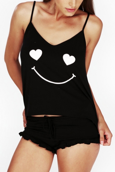 Funny Heart Smile Print Cami Letter Print Shorts Pajamas Co-ords