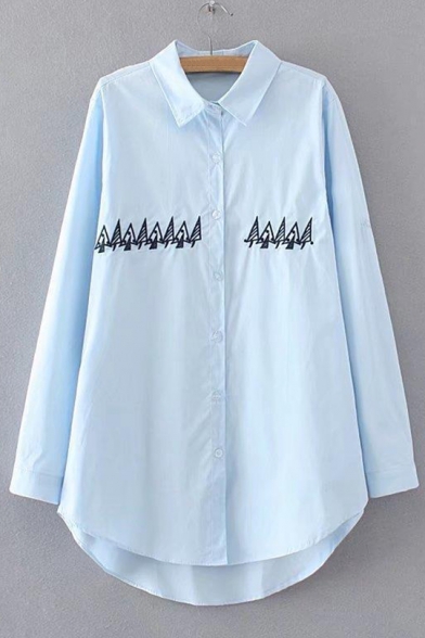Funny Tree Embroidered Long Sleeve Lapel Single Breasted Dip Hem Tunic Shirt