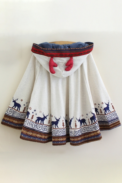 New Fashion Deer Pattern Double Button Pockets Hooded Cape with Horns