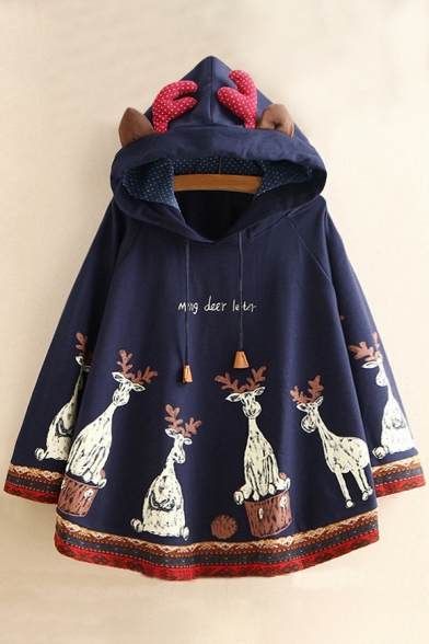 

New Trendy Letter Cartoon Deer Print Drawstring Hood Cape, White;light gray;navy