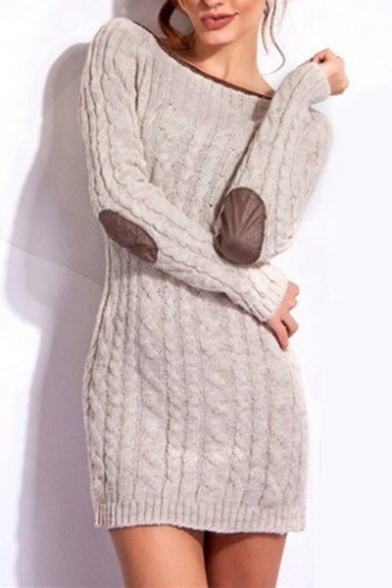 Popular Boat Neck Elbow Patches Cable Knitted Bodycon Mini Sweater Dress